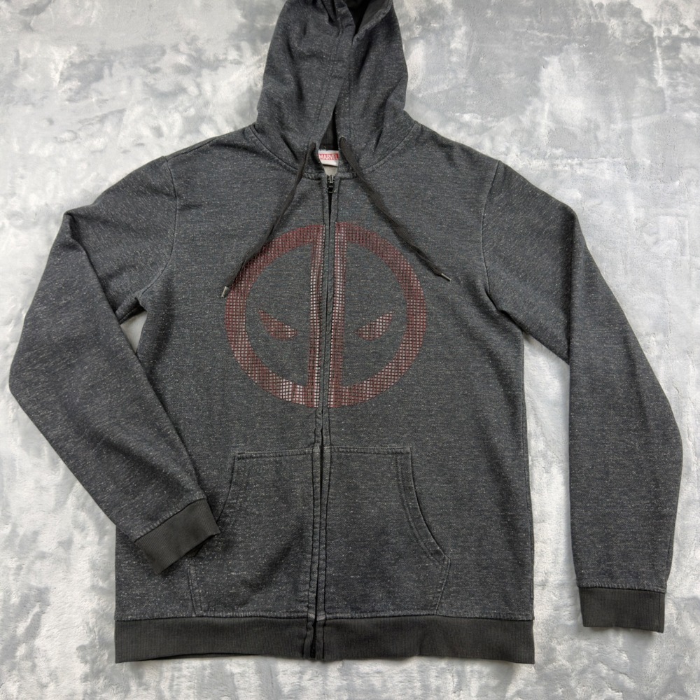Marvel Deadpool Zip Up Hoodie Mens Large Charcoal Gray Red Logo Sweatshirt